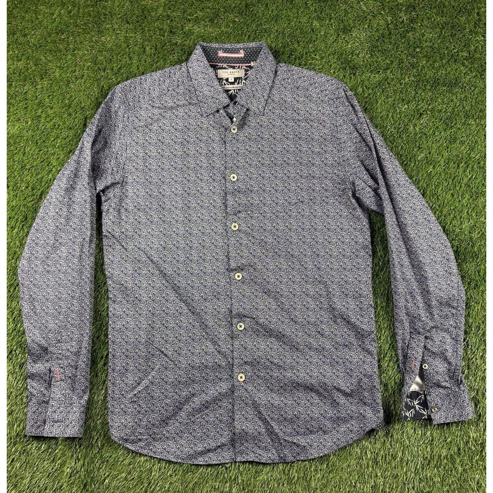 Ted Baker Mens Blue Floral Print Cotton Button Down Shirt Size 3 Med RO10549